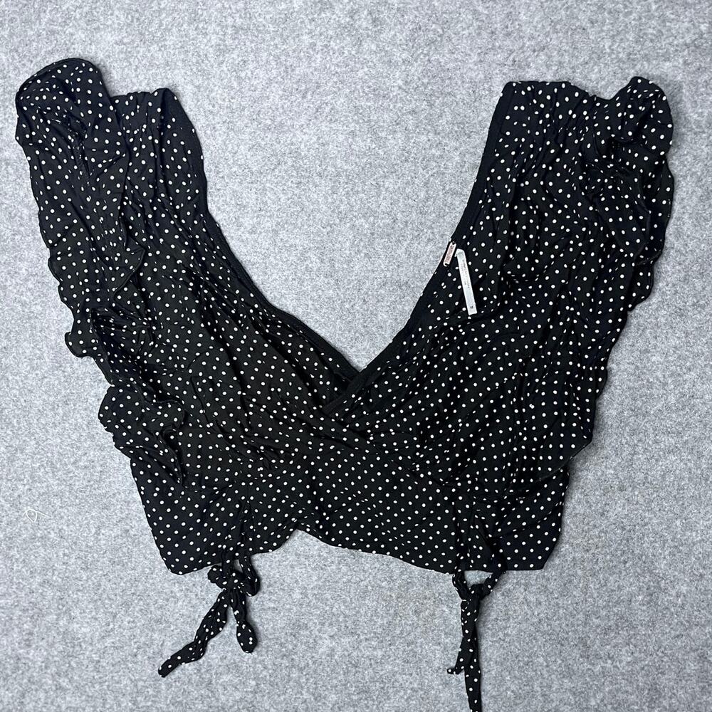 Free People Black Polka Dot Ruffle Tie Front Smocked Crop Top Flutter Sleeve M